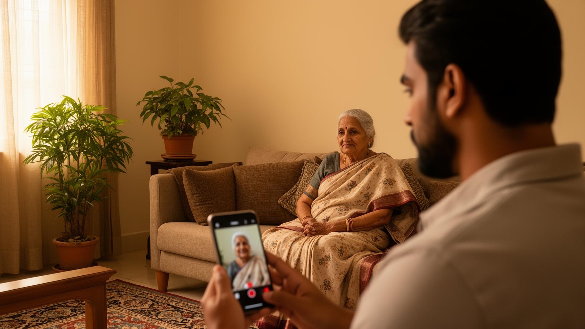 Adult child on a video call with elderly parent in their Indian home